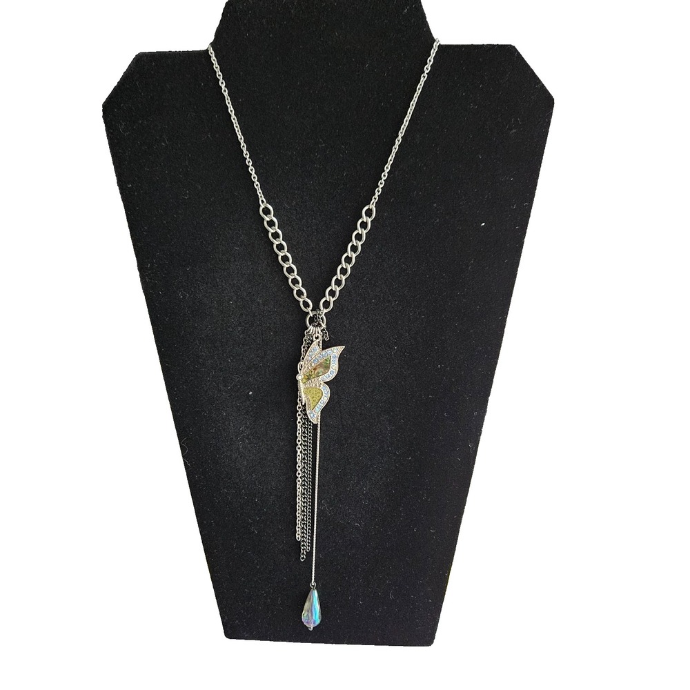Guess Crystal Enamel Butterfly Tassel Necklace 16"